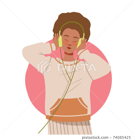Young Woman with Headphones Listening to Music and Moving with Dancing Motion Vector Illustration Young Woman with Headphones Listening to Music and Moving with Dancing Motion Vector Illustration 74085425