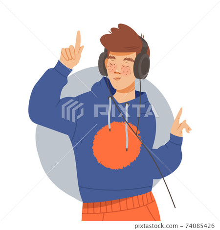 Man in Hoody with Headphones Listening to Music and Moving with Dancing Motion Vector Illustration Man in Hoody with Headphones Listening to Music and Moving with Dancing Motion Vector Illustration 74085426