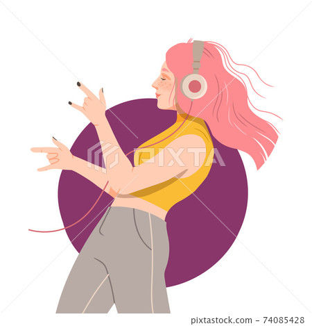 Young Woman with Headphones Listening to Music and Moving with Dancing Motion Vector Illustration 74085428