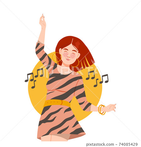 Young Woman Listening to Music and Moving with Dancing Motion Vector Illustration Young Woman Listening to Music and Moving with Dancing Motion Vector Illustration 74085429
