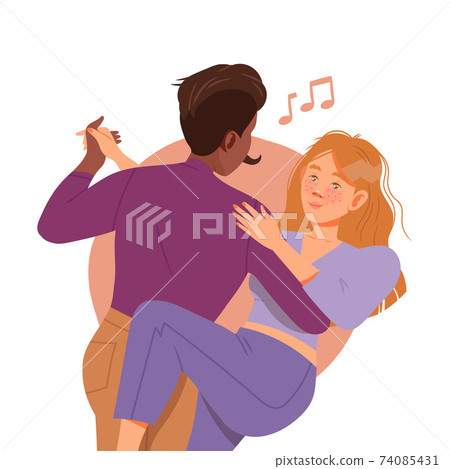 Young Man and Woman Couple Listening to Music and Waltzing or Moving with Dancing Motion Vector Illustration Young Man and Woman Couple Listening to Music and Waltzing or Moving with Dancing Motion Vector Illustration 74085431