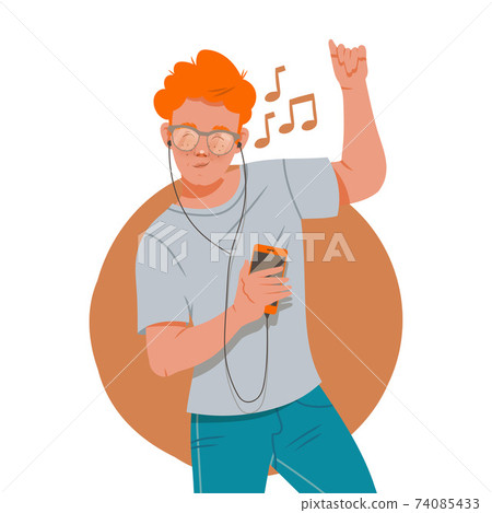 Redhead Man with Headphones Listening to Music and Moving with Dancing Motion Vector Illustration 74085433