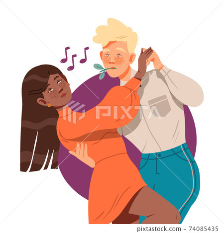 Freckled Man and Woman Couple Listening to Music and Waltzing or Moving with Dancing Motion Vector Illustration Freckled Man and Woman Couple Listening to Music and Waltzing or Moving with Dancing Motion Vector Illustration 74085435