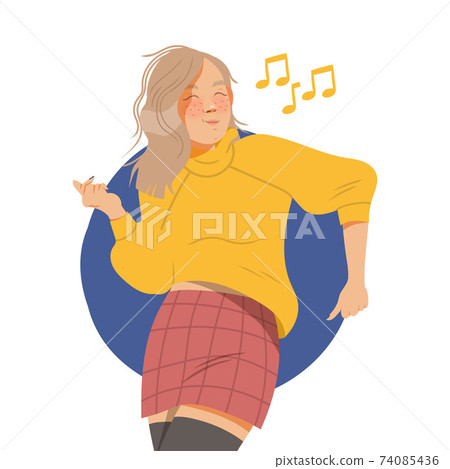 Young Woman Listening to Music and Moving with Dancing Motion Vector Illustration Young Woman Listening to Music and Moving with Dancing Motion Vector Illustration 74085436