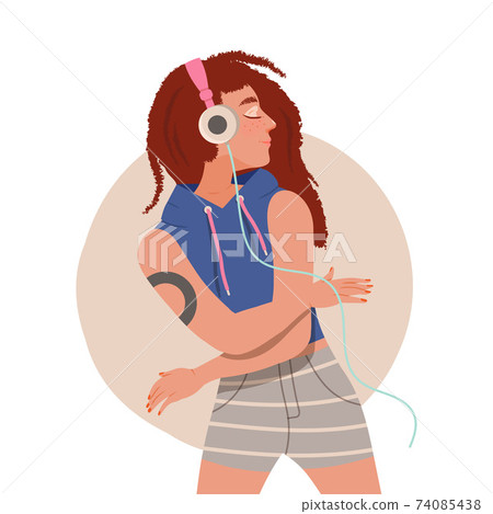 Young Woman with Headphones Listening to Music and Moving with Dancing Motion Vector Illustration Young Woman with Headphones Listening to Music and Moving with Dancing Motion Vector Illustration 74085438