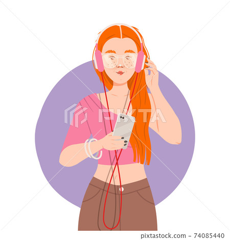 Redhead Female Holding Smartphone Listening to Music with Earphones Vector Illustration Redhead Female Holding Smartphone Listening to Music with Earphones Vector Illustration 74085440