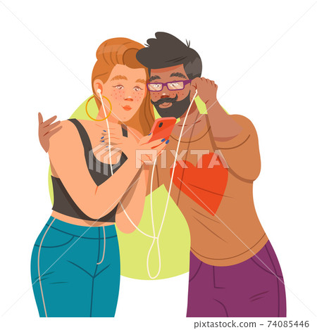 Young Man and Woman with Earphones Listening to Music Vector Illustration Young Man and Woman with Earphones Listening to Music Vector Illustration 74085446