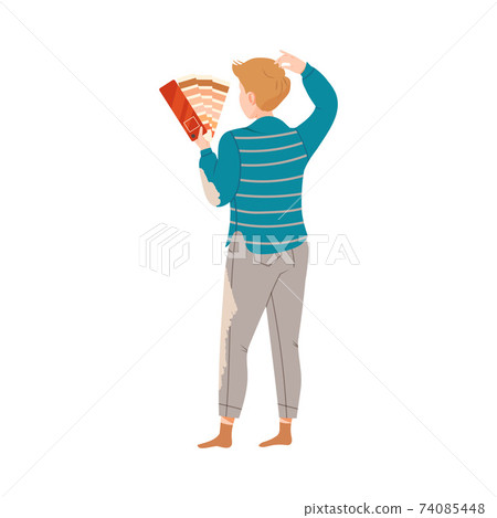 Young Man Choosing Paint Color for Wall in New Apartment Vector Illustration Young Man Choosing Paint Color for Wall in New Apartment Vector Illustration 74085448