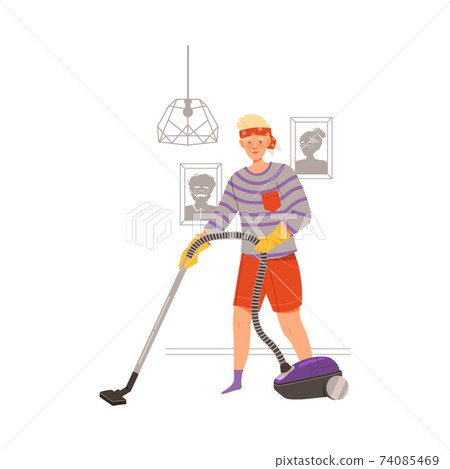 Smiling Young Man Vacuum Cleaning Floor at Home Vector Illustration Smiling Young Man Vacuum Cleaning Floor at Home Vector Illustration 74085469