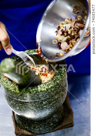 Prepare Ingredient Inside The Stone Mortar, ingredients and Paste with mortar Thaifood Prepare Ingredient Inside The Stone Mortar, ingredients and Paste with mortar Thaifood 74085477