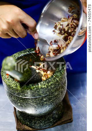 Prepare Ingredient Inside The Stone Mortar, ingredients and Paste with mortar Thaifood Prepare Ingredient Inside The Stone Mortar, ingredients and Paste with mortar Thaifood 74085478