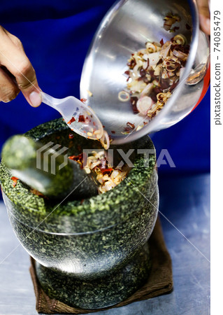 Prepare Ingredient Inside The Stone Mortar, ingredients and Paste with mortar Thaifood Prepare Ingredient Inside The Stone Mortar, ingredients and Paste with mortar Thaifood 74085479