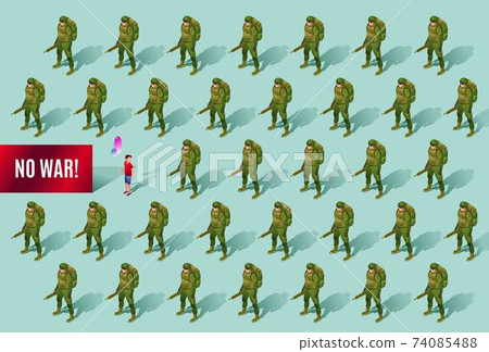 No War isometric pattern Soldiers of Modern Army and boy with air balloons concept poster and banner gorizontal design illustration isolated on green background 74085488