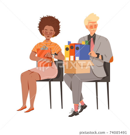 Man and Woman Office Employee Sitting and Looking at Hand Watch Counting Time Vector Illustration Man and Woman Office Employee Sitting and Looking at Hand Watch Counting Time Vector Illustration 74085491