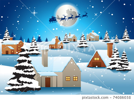 village are on xmas night and santa fly away to... - Stock Illustration ...