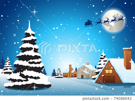 village are on xmas night and santa fly away to... - Stock Illustration ...