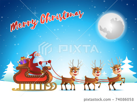 santa claus and reindeer begin to fly to send gift at xmas night,vector illustration 74086058