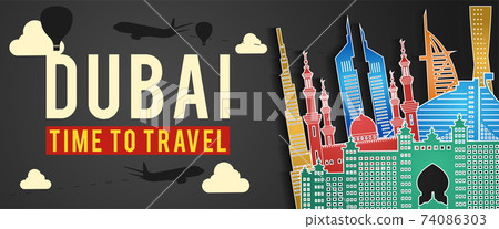 black banner of Dubai famous landmark silhouette colorful style,plane and balloon fly around with cloud,vector illustration 74086303