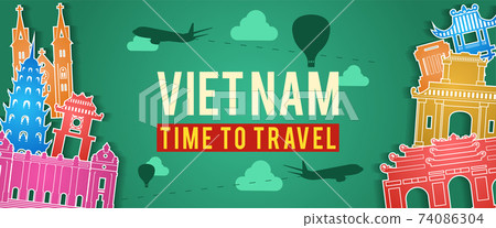 green banner of Vietnam famous landmark silhouette colorful style,plane and balloon fly around with cloud,vector illustration 74086304