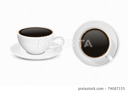 Vector 3d Realistic Ceramic White Coffee Mug, Cup Isolated on White Background. Black Coffee. Espresso, Mocha. Design Template. Front and Top View Vector 3d Realistic Ceramic White Coffee Mug, Cup Isolated on White Background. Black Coffee. Espresso, Mocha. Design Template. Front and Top View 74087155