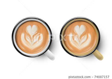 Vector 3d Realistic White and Brown Enamel Metal Mug with Milk Foam Coffee Inside Isolated on White Background. Flower, Heart Pattern. Top View. Design Template for Mock up Vector 3d Realistic White and Brown Enamel Metal Mug with Milk Foam Coffee Inside Isolated on White Background. Flower, Heart Pattern. Top View. Design Template for Mock up 74087157