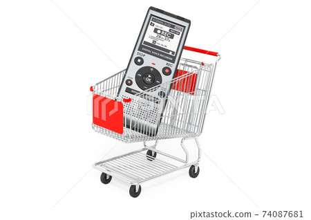 Shopping cart with digital voice recorder, 3D rendering Shopping cart with digital voice recorder, 3D rendering 74087681