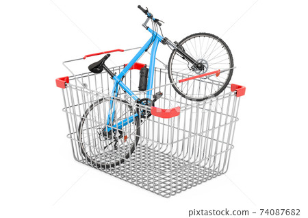 Shopping basket with sport bicycle. 3D rendering 74087682