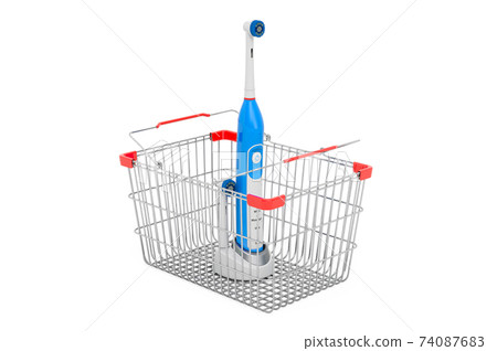 Shopping basket with electric toothbrush. 3D rendering Shopping basket with electric toothbrush. 3D rendering 74087683