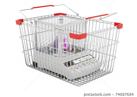 Shopping basket with analytical balance. 3D rendering 74087684