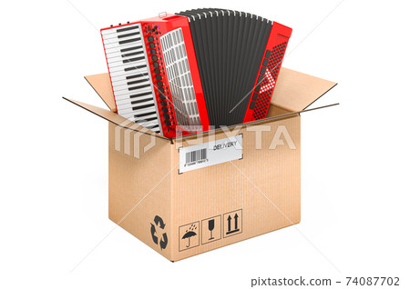 Piano accordion inside cardboard box, delivery concept. 3D rendering Piano accordion inside cardboard box, delivery concept. 3D rendering 74087702