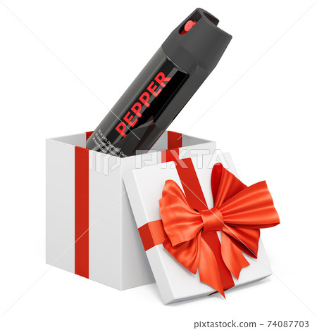 Pepper spray inside gift box, present concept. 3D rendering Pepper spray inside gift box, present concept. 3D rendering 74087703
