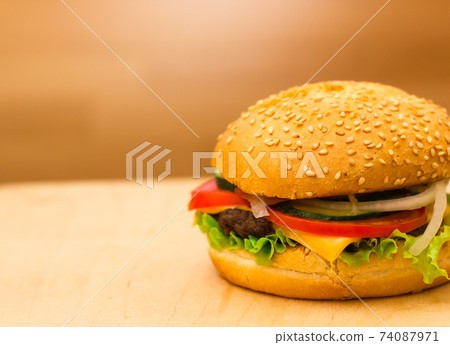 Burger close-up on a board. A burger with a meatball and fresh vegetables. 74087971