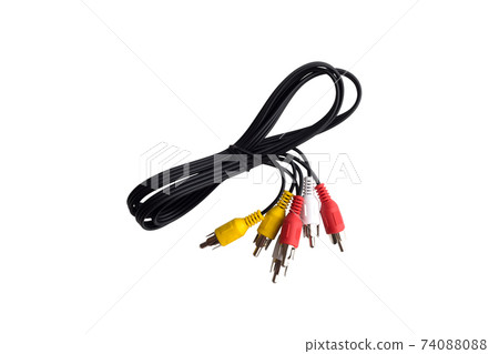 RCA cable on a white background. Twisted cable with RCA connector close up on a white background. 74088088