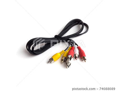 RCA cable on a white background. Twisted cable with RCA connector close up on a white background. 74088089