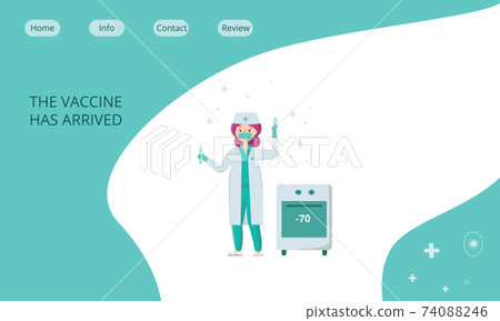 A doctor holds a coronavirus vaccine and a syringe in a mask and gloves. Vector stock illustration, landing page for medical clinic, hospital during people coronavirus vaccination. 74088246
