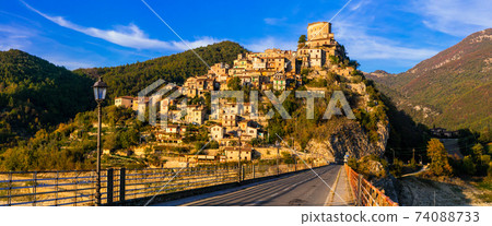 Travel in Italy - beautiful medieval village Castel di Tora ,  Turano lake. 74088733