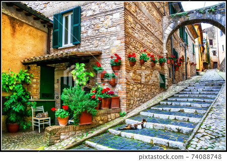 Beautiful floral decorated streets of old Italian villages Beautiful floral decorated streets of old Italian villages 74088748