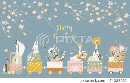 Cute cartoon bunnies and gooses with Easter eggs and flowers Cute cartoon bunnies and gooses with Easter eggs and flowers 74088961