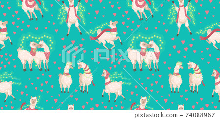 Pair of alpacas celebrate Valentine's Day, Valentine's Day. Seamless pattern, vector drawing cute illustration on brown background Pair of alpacas celebrate Valentine's Day, Valentine's Day. Seamless pattern, vector drawing cute illustration on brown background 74088967