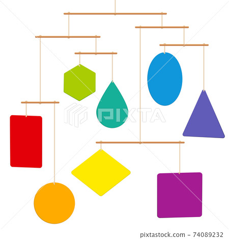 Mobile sculpture with colorful shapes hanging balanced on cords and wooden rods. Isolated vector illustration on white background. Mobile sculpture with colorful shapes hanging balanced on cords and wooden rods. Isolated vector illustration on white background. 74089232