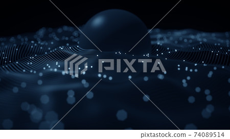 Abstract orbiting particles and dark blue globe in the centre. Space research or atomic physics related 3d rendering 74089514
