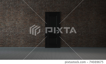 Brick wall, black door and wooden floor, abstract empty interior background. 3d illustration 74089675