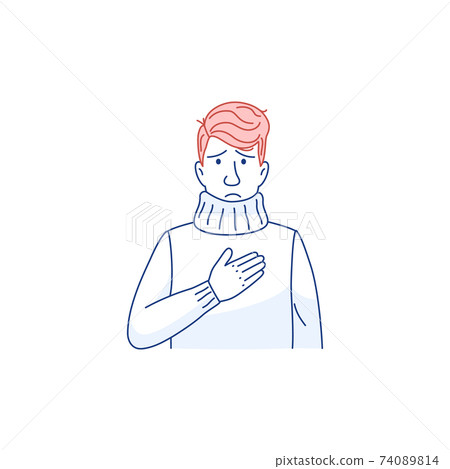 Chest pain symptom flat line icon. Sick young man has heart attack isolated on white. Difficulty breathing. Shortness of breath Corona virus disease flu sign Medical people outline illustration 74089814