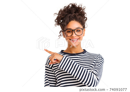 Cheerful stylish woman pointing away Cheerful stylish woman pointing away 74091077
