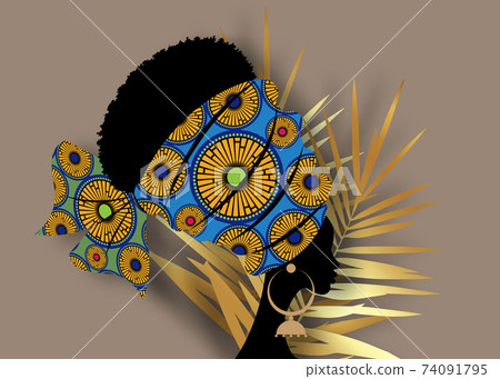 portrait beautiful African woman in traditional turban tribal motif wedding flowers, Kente head wrap African with ethnic earrings, black women Afro curly hair vector isolated on golden palm leaves 74091795