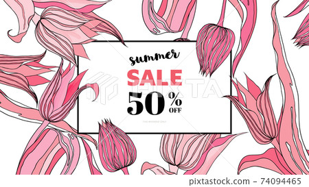 Botanical summer sale banner template design, hand drawn tulip flowers, blue and pink tones 74094465