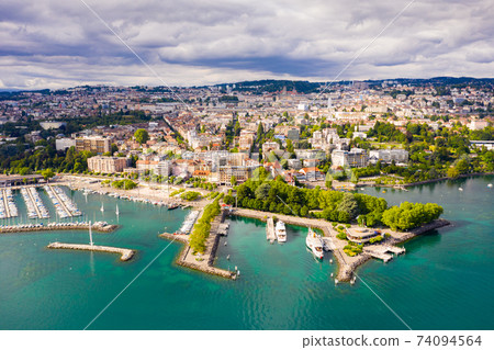 View from drone of Swiss town Lausanne 74094564