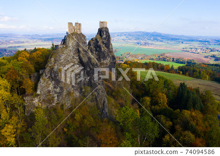 Aerial view of ruined Trosky Castle in Bohemian Paradise 74094586