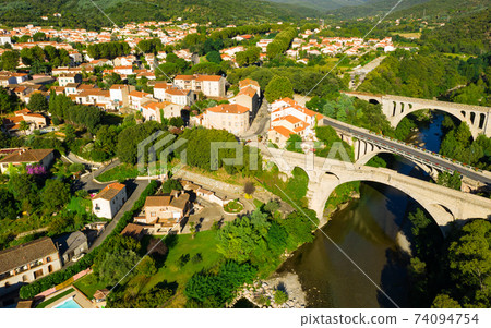View from drone of Ceret town in summer, France View from drone of Ceret town in summer, France 74094754