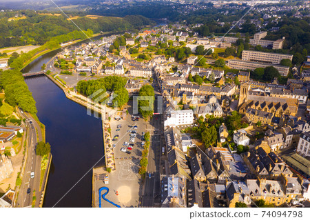 Aerial view of Lannion city on the Lege river, Brittany region 74094798